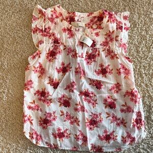 LOFT Floral Ruffle Sleeve Blouse - White and Pink